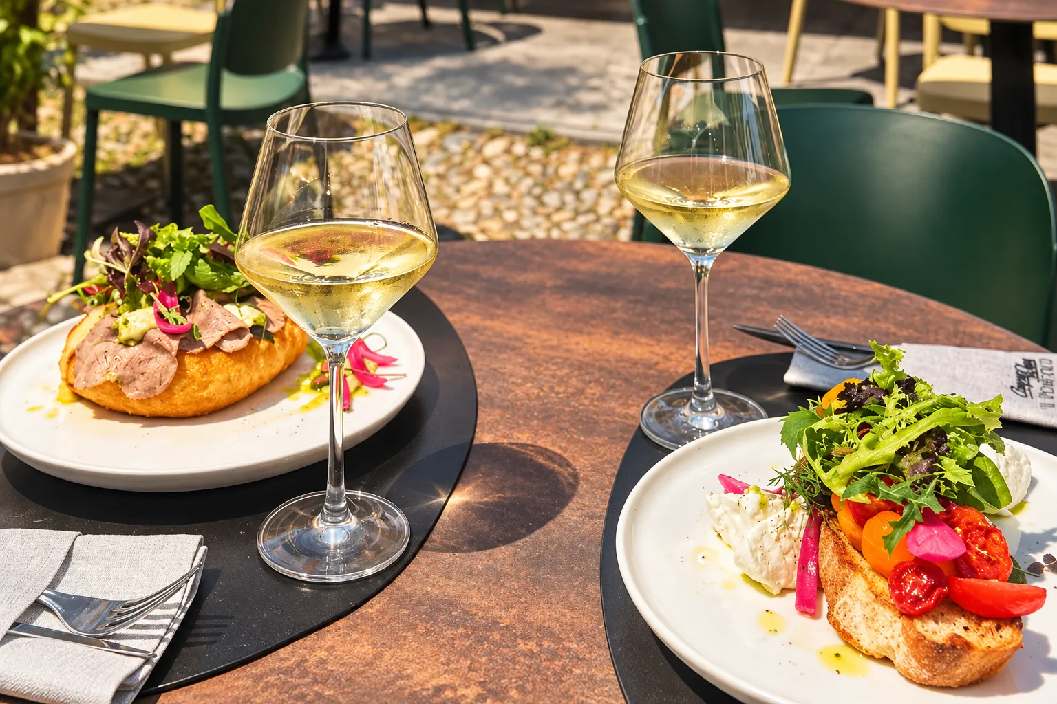 Due calici di vino bianco e due piatti con insalata, formaggio fresco e pomodorini su un tavolo della terrazza