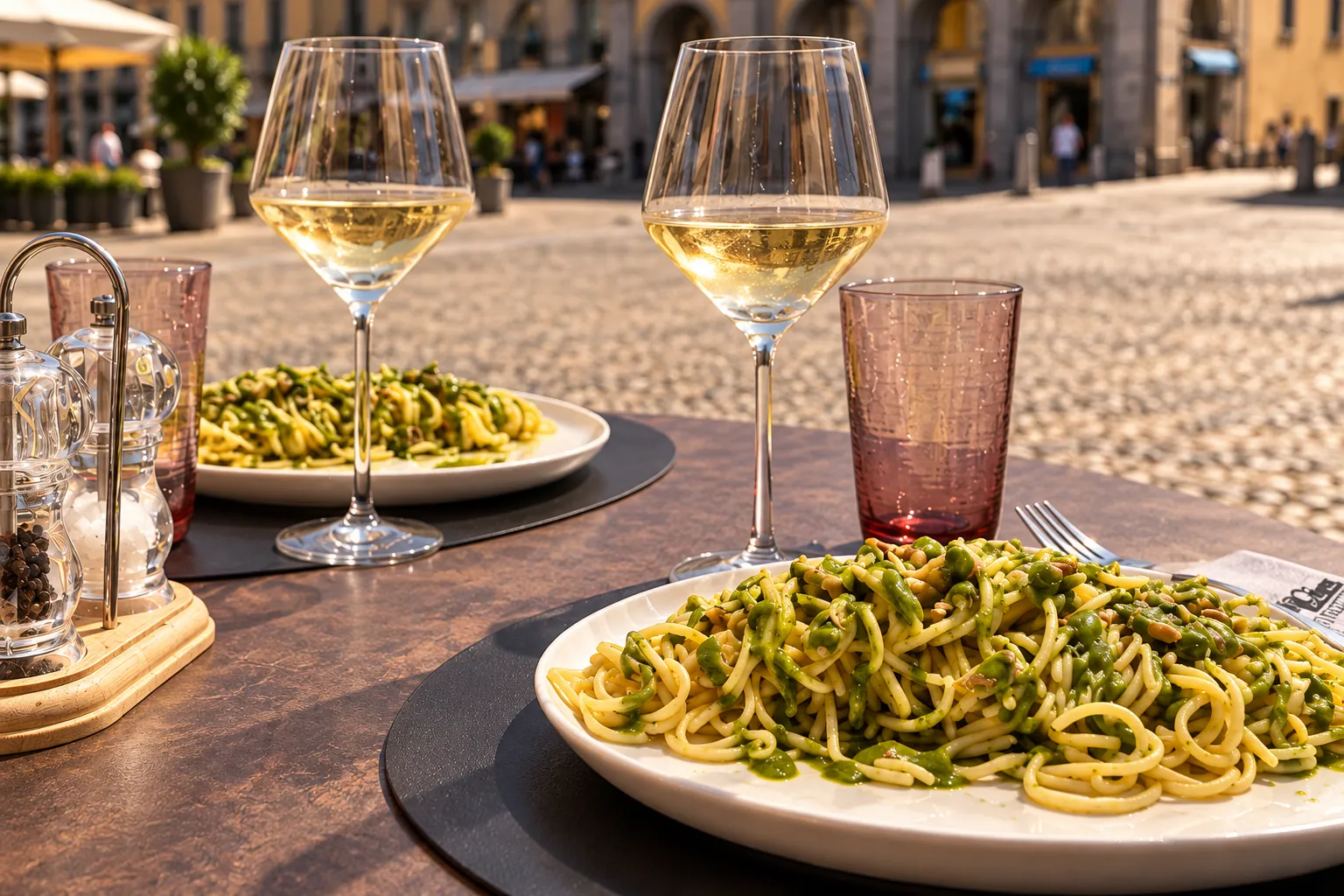 Due piatti di spaghetti al pesto e calici di vino bianco su un tavolo all'aperto affacciato su Piazza Grande