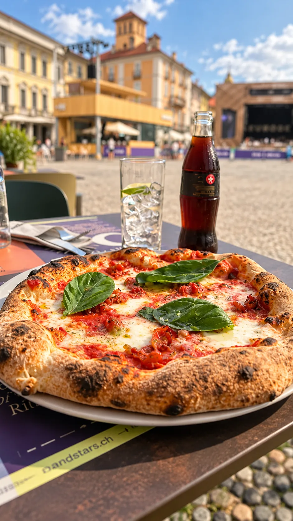 Pizza con pomodoro e basilico e una bibita su un tavolo all'aperto in Piazza Grande