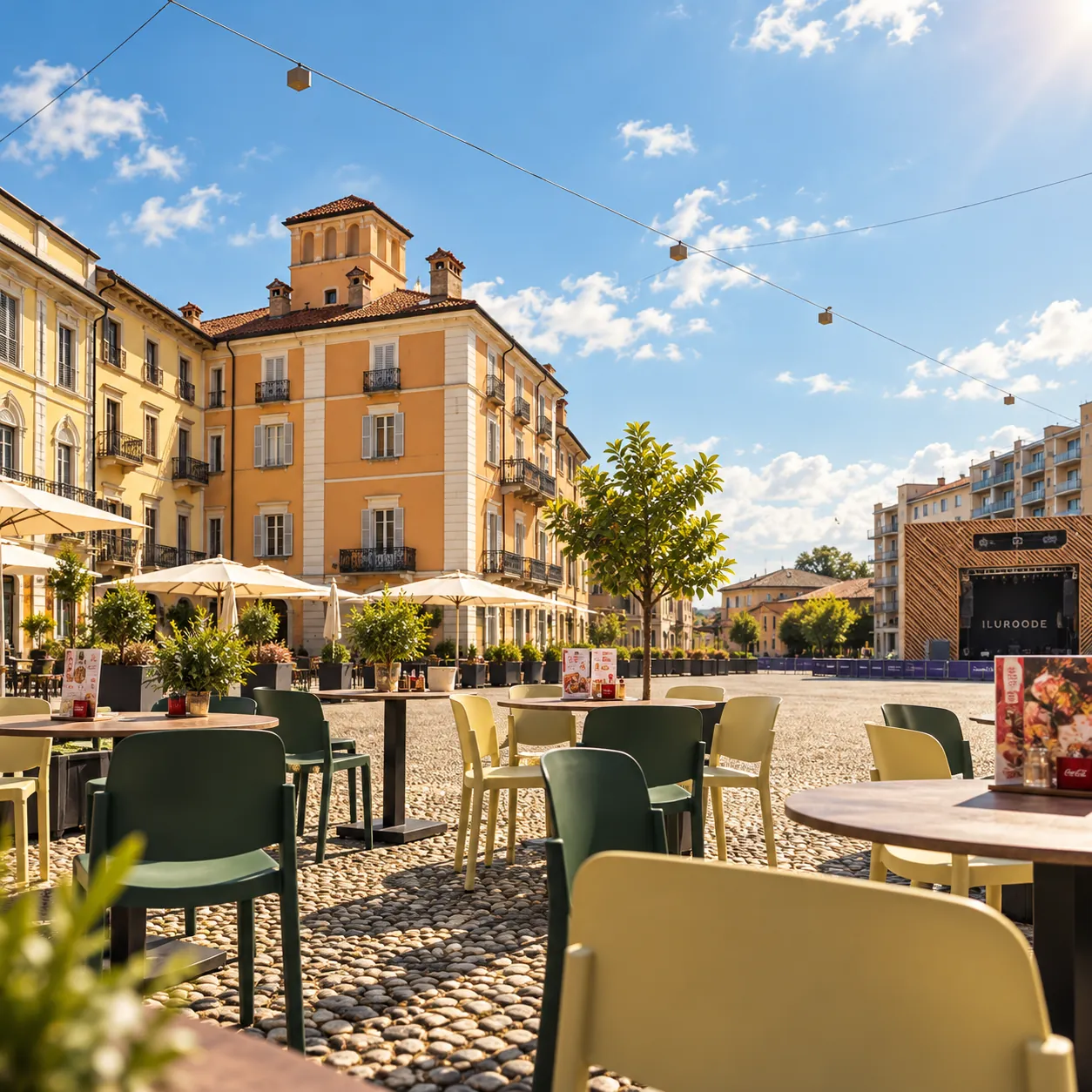 Tavoli e sedie all'aperto sull'acciottolato di Piazza Grande a Locarno, sotto un cielo sereno